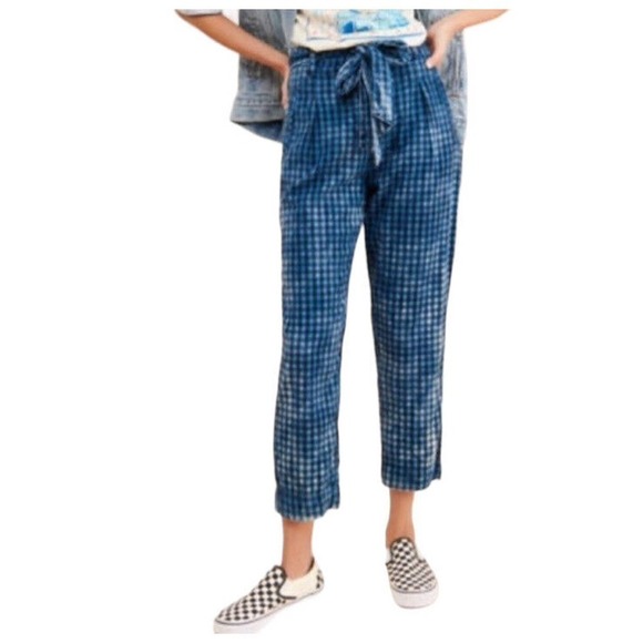 ANTHROPOLOGIE Maeve Avryl Blue Plaid Bleached Slim Paper Bag Pants Size 2 - Picture 5 of 16
